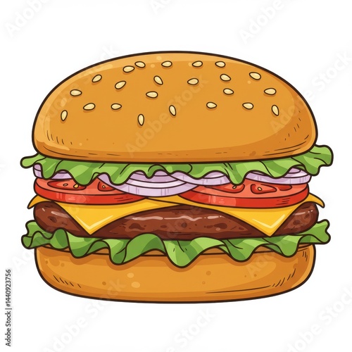 Colorful Line Art Illustration of a Sesame Seed Hamburger