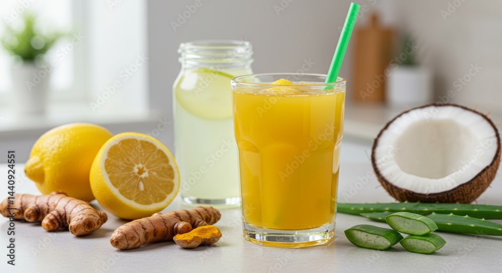Fototapeta premium On a light kitchen countertop stand two glasses with yellow and light drinks, decorated with a slice of lemon.Fresh ingredients are spread out nearby: lemons, ginger root, coconut and aloe vera leaves