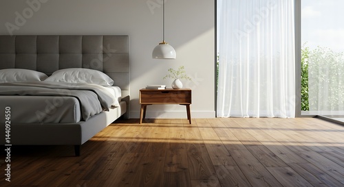 photo of bedroom with one bed, wooden floor, table, curtain, glass window, soft light, daylight, masterpiece, best quality, detailed supper