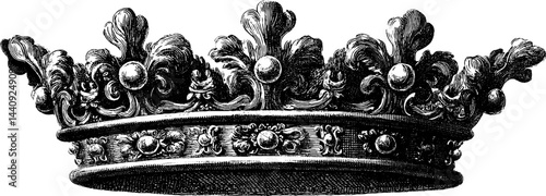Elegant baroque crown engraved illustration with ornate pearls design