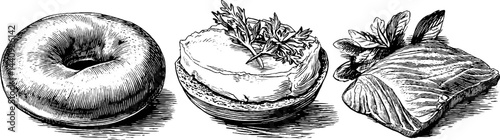 Vintage engraved bagel and cream cheese set with herbs for culinary design