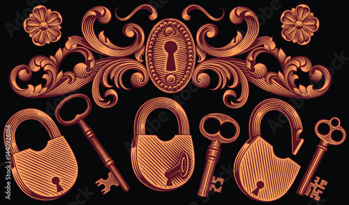 Keyhole and locks. Design set. Editable hand drawn illustration. Vector vintage engraving. Isolated on black background. 8 EPS