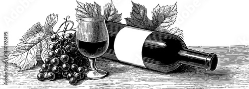 Vintage wine set with bottle and glass featuring grapes and leaves in engraved style for elegant design
