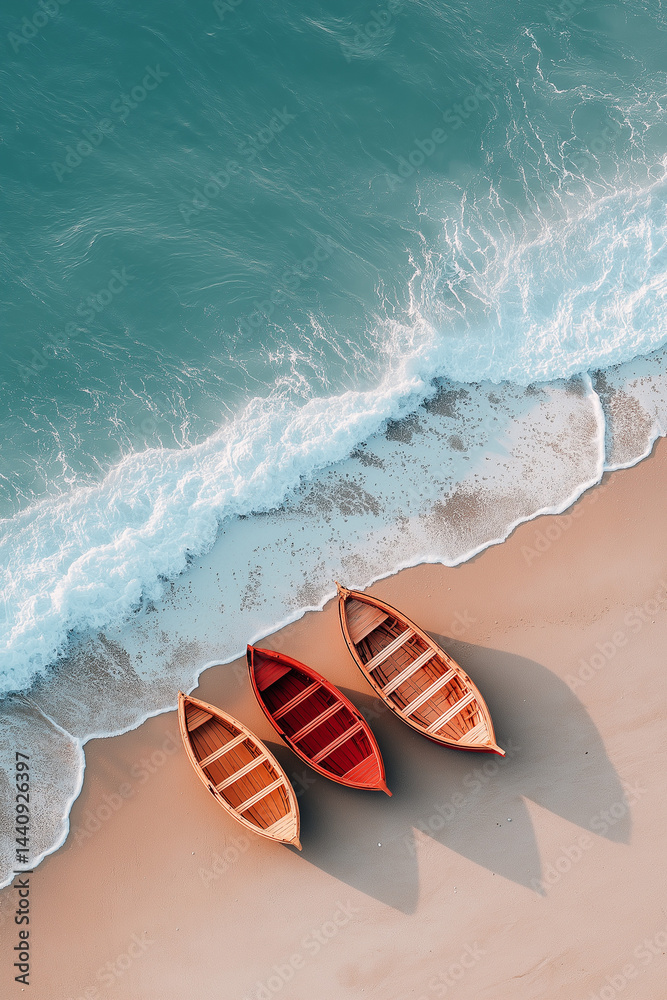 Fototapeta premium Three Wooden Boats on Sandy Beach, Turquoise Ocean Waves
