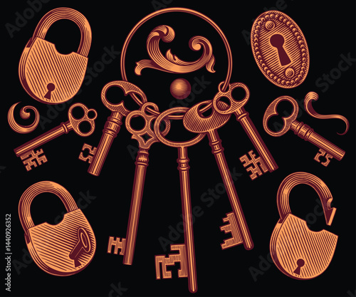 A bunch of keys and a lock. Design set. Editable hand drawn illustration. Vector vintage engraving. Isolated on black background. 8 EPS