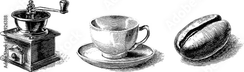 Vintage coffee grinder, cup, and bean engraving set for design and print