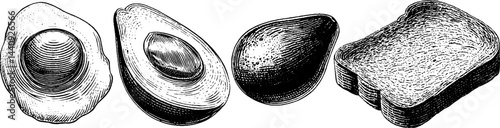 Engraved food illustration set featuring fried egg, toast, and avocado