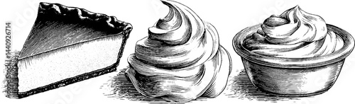 Engraved illustration of pumpkin pie with whipped cream toppings for autumn desserts