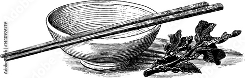 Engraved asian cuisine elements with rice bowl and chopsticks for design and print