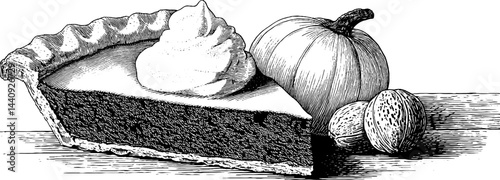 Engraved illustration of pumpkin pie and whipped cream with autumn theme