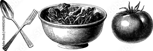 Vintage engraved kitchenware with salad bowl, fork, spoon, and tomato for culinary design