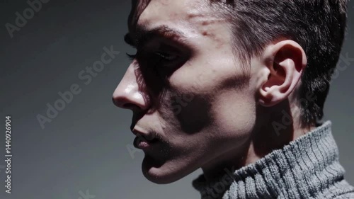 Man with serious expression in turtleneck and dramatic shadow