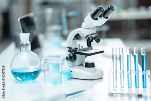 Foto Laboratory microscope for scientific research in medical laboratory, biotechnolo