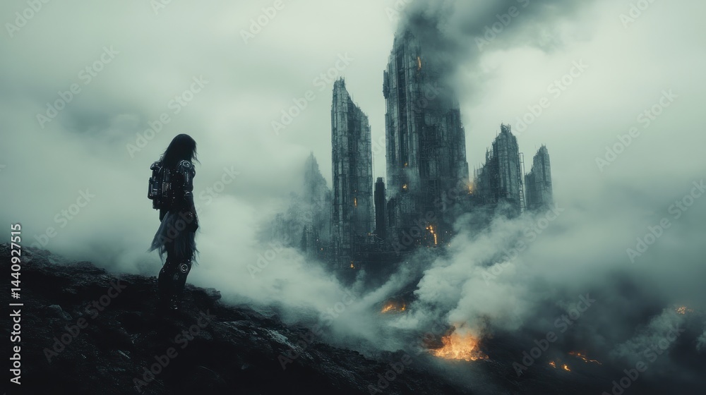 Obraz premium Post-Apocalyptic Wanderer: A Solitary Figure Contemplates a Burning Cityscape
