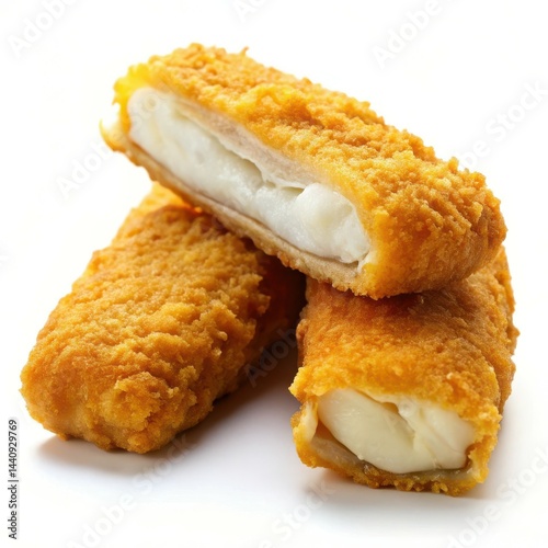 Delicious Crispy Golden Fried Fish Fingers Stacked On A Bright White Background