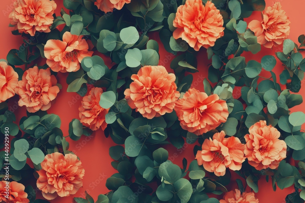 Obraz premium Coral flowers and eucalyptus leaves on a coral background.