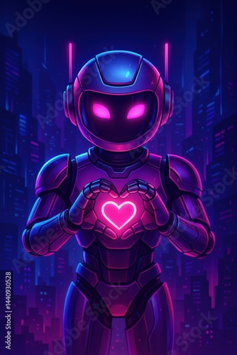 Cyberpunk Robot with Glowing Heart in Futuristic Cityscape