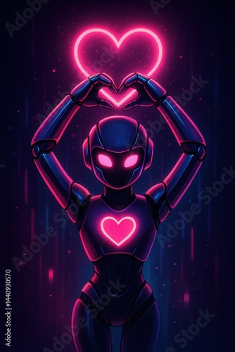 Futuristic Robot with Glowing Heart and Neon Lights, Cyberpunk Style