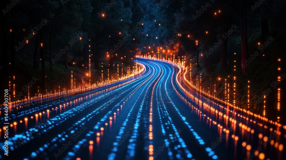 Obraz premium Night Drive Through a Digital Forest: A Journey into Technological Advancement