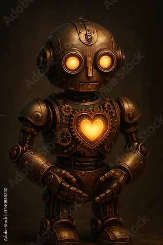 Vintage Steampunk Robot with Glowing Heart, Retro Mechanical Design