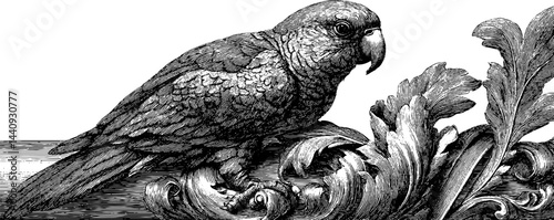Baroque parrot engraving with ornate decorative elements for vintage design