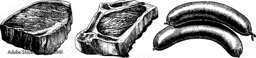 Engraved illustration set of beef steak, pork chop, and sausages for culinary design