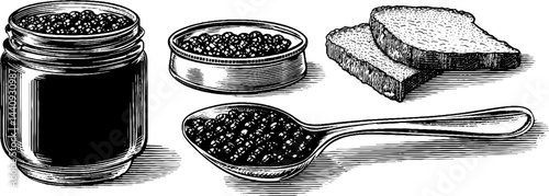Vintage culinary collection with caviar, spoon, and bread engravings