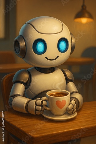 Cute Robot Enjoying Coffee in Cozy Cafe Warm Atmosphere
