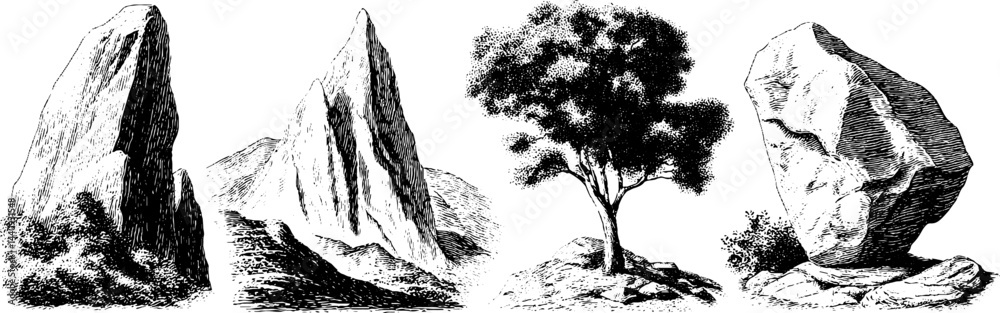 Fototapeta premium Engraved illustration set featuring mountain peaks and tree for nature art design