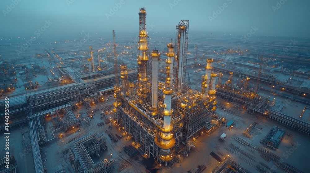 Fototapeta premium Aerial View of a Massive Oil Refinery at Dusk