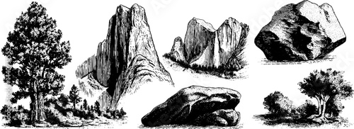 Engraved landscape elements featuring mountains and trees for design projects