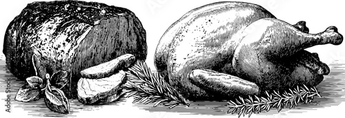 Engraved illustration of roast beef and pork with herbs for culinary art and design