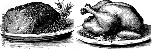 Classic engraved illustration of roast beef and pork with herbs for culinary design