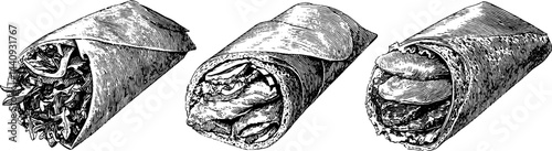 Engraved illustration set of roe, sandwich, and tuna wraps for culinary design