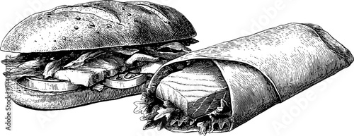 Engraved illustration of delicious roe sandwich and tuna wrap for culinary design and menu art