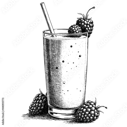 Berry smoothie illustration with raspberries and straw  