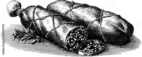 Vintage engraving of salami and prosciutto set for culinary arts and vintage decor
