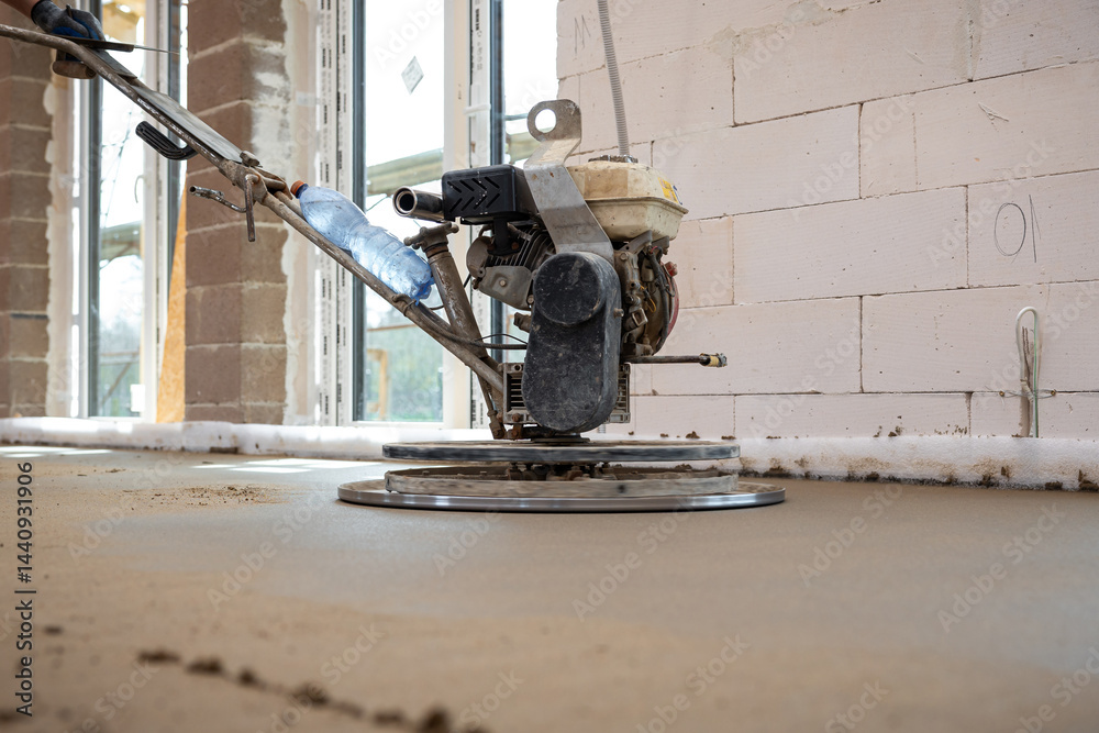 A power trowel machine smooths fresh concrete flooring in an unfinished interior with exposed brick walls, large windows, and underfloor heating pipes.