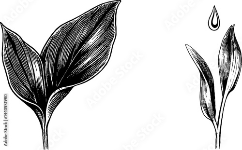 Detailed engraved set of spring leaves and buds for botanical design and nature print