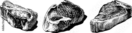 Engraved illustrations of medium rare steak cuts for culinary design