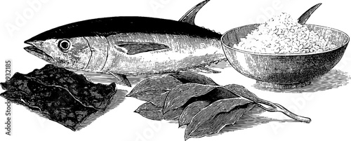 Engraved illustration of tuna with seaweed and rice bowl for culinary design