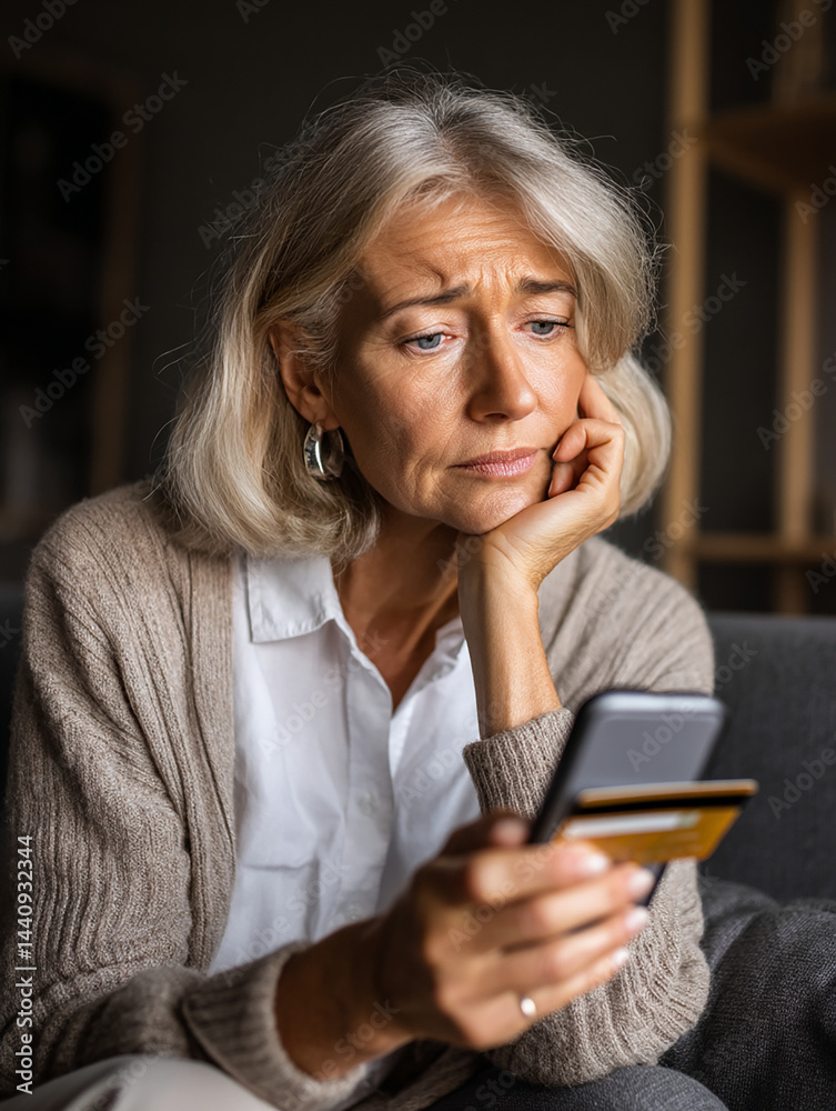femme agée stressée victime d'une fraude en ligne - IA Generated