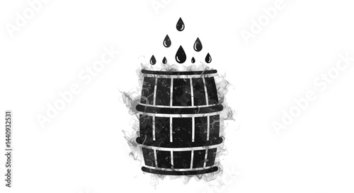 Water barrel with dripping droplets on white background