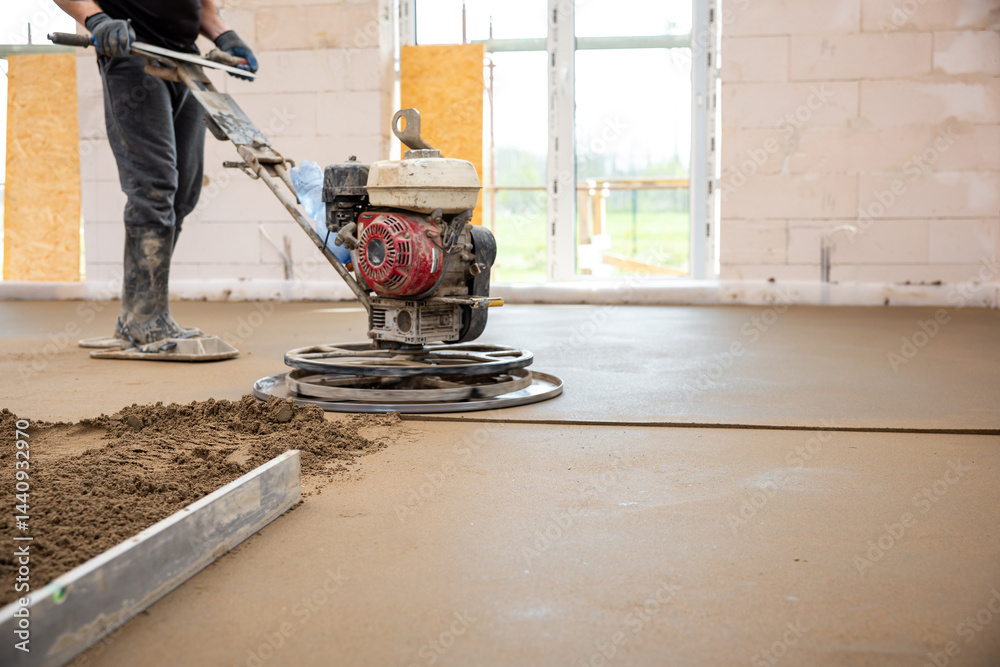 A worker operates a power trowel to smooth concrete flooring in a construction site. Underfloor heating pipes are visible beneath the concrete layer.
