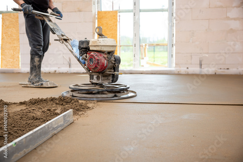 Obraz na płótnie A worker operates a power trowel to smooth concrete flooring in a construction site. Underfloor heating pipes are visible beneath the concrete layer. w salonie