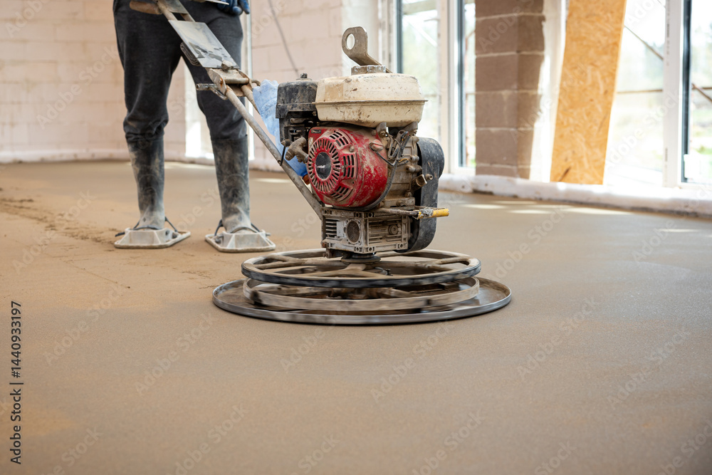 A worker operates a power trowel with a red engine to smooth concrete flooring. Concrete block walls and large windows are visible in the construction site.
