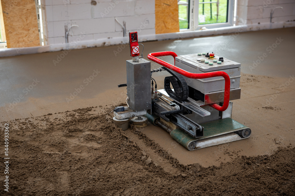 A machine with a red handle levels screed concrete on a construction site floor. Exposed white brick walls and large windows provide natural light.