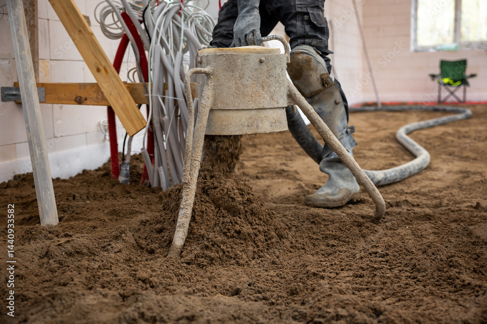 A construction worker pours and levels Estrich concrete over underfloor heating pipes in an unfinished indoor space with visible wiring and materials.