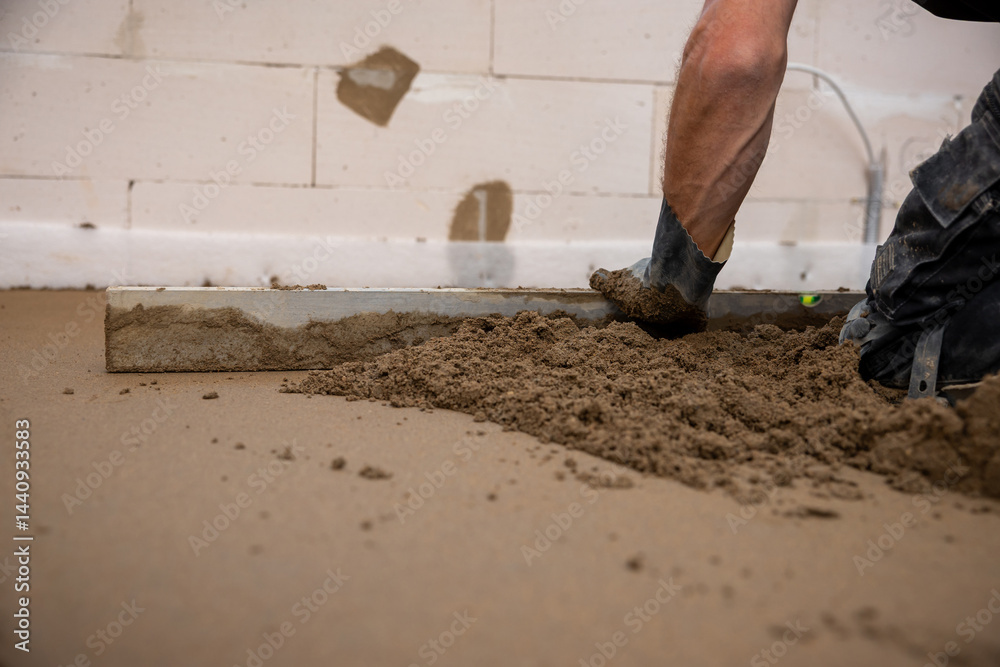 A worker uses a leveling tool to smooth Estrich concrete over underfloor heating pipes. Partially finished walls and exposed material are visible indoors.
