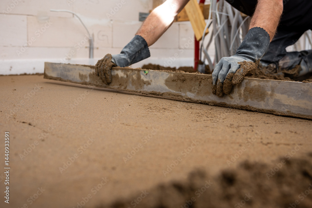 A worker in gloves uses a straightedge tool to level wet concrete indoors. White walls and construction materials are visible in the background.